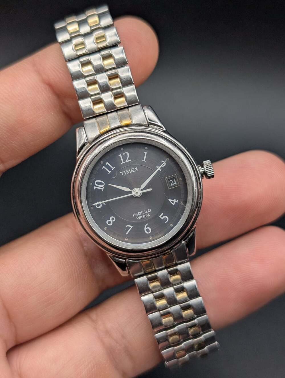 Vintage Timex Two-Tone Quartz Ladies Watch, Indiglo Black Dial Stretch Band